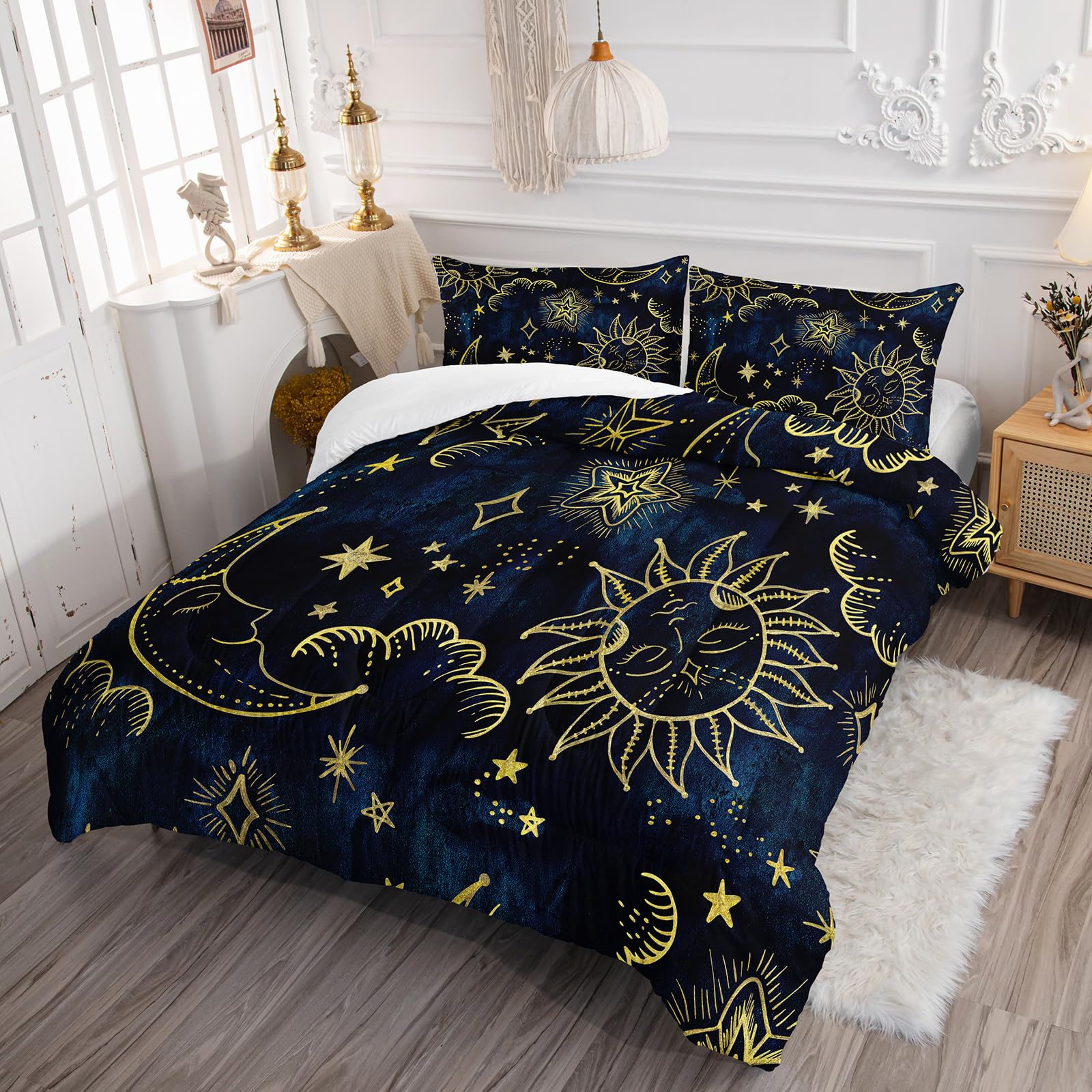 Ntlfup Sun and Moon Comforter Set Twin Size, Starry Sky Celestial Star Bedding Set for Kids Boys Girls, Blue Golden Bohemian Gothic Comforter Set