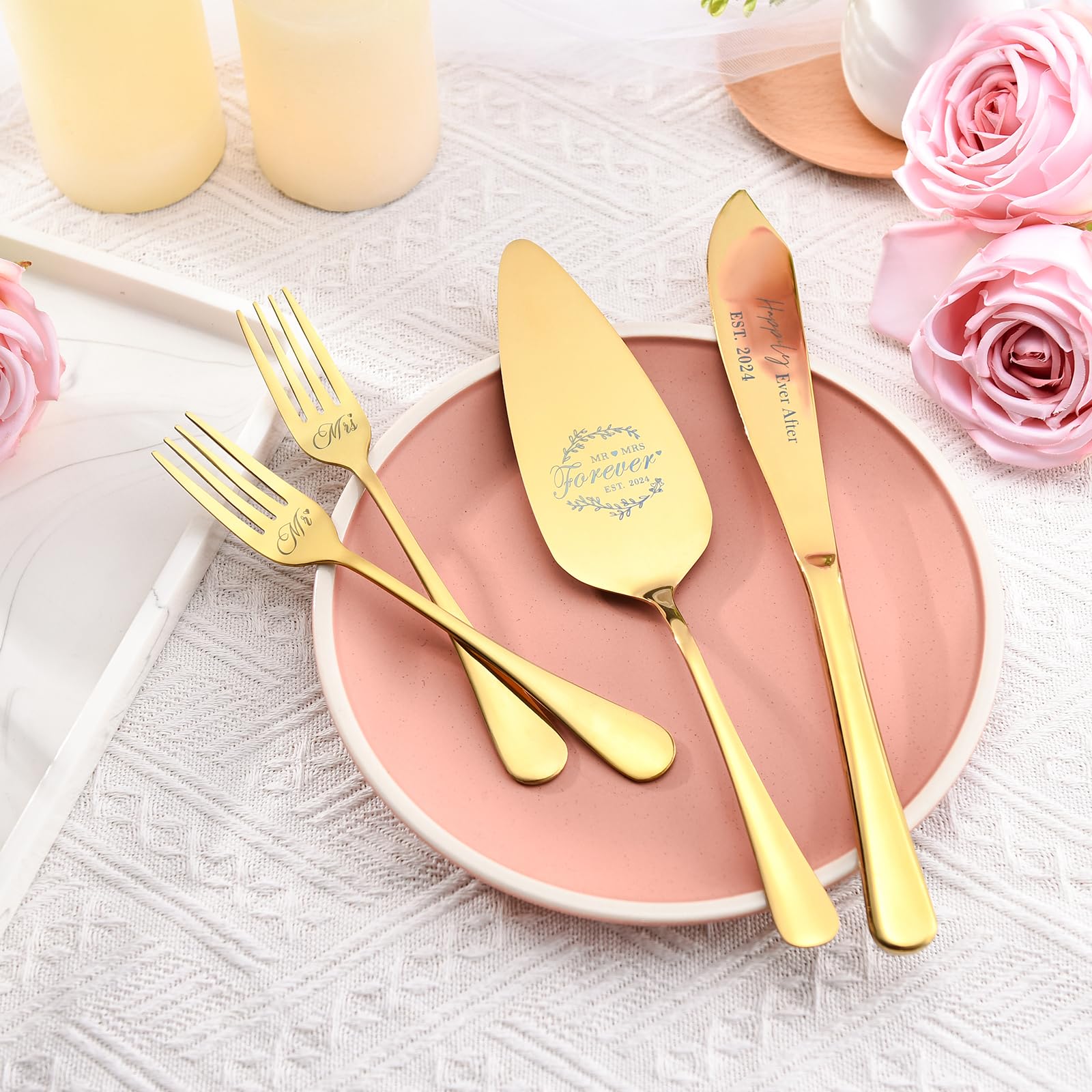 Galaxozent Wedding Presents for Couples 2024, Gold Wedding Cake Knife and Server Set with Forks, Cake Cutting Set for Wedding, Bridal Shower Anniversary Engagement Present For Mr and Mrs Set of 4