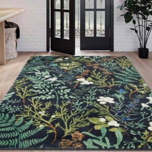 aldopein vintage botanical floral rug 4x6 washable non slip, cute moody black aesthetic bedroom rugs, thin stain resistant dark green plants area rugs indoor carpet for living room kitchen entryway