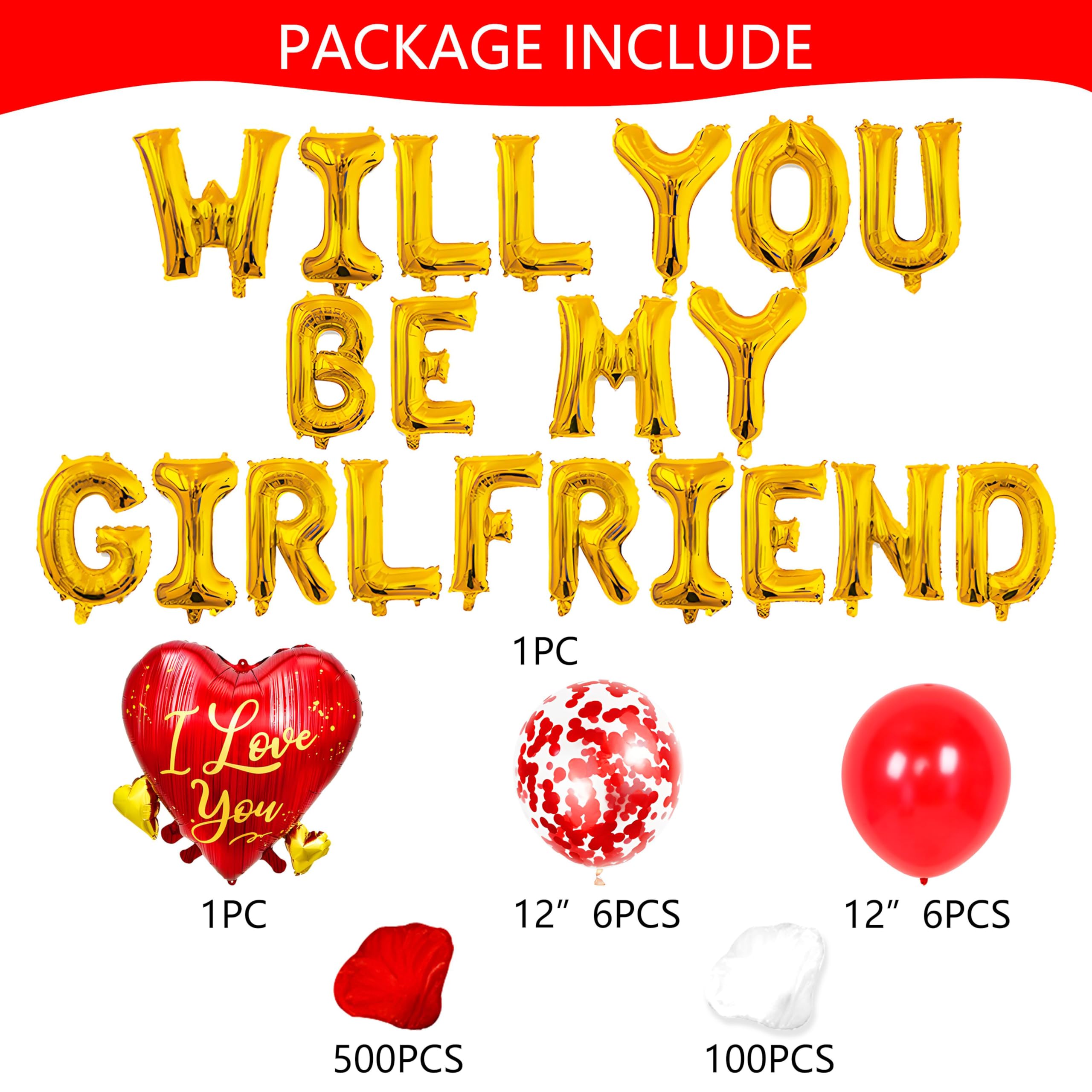 Will You Be My Girlfriend Balloons - 16'' Alphabet Letters Foil Mylar Balloon, 18" Heart Shaped Balloon with 500 Pcs Artificial Rose and 100 Pcs White Petals for Valentine Anniversary Decorations