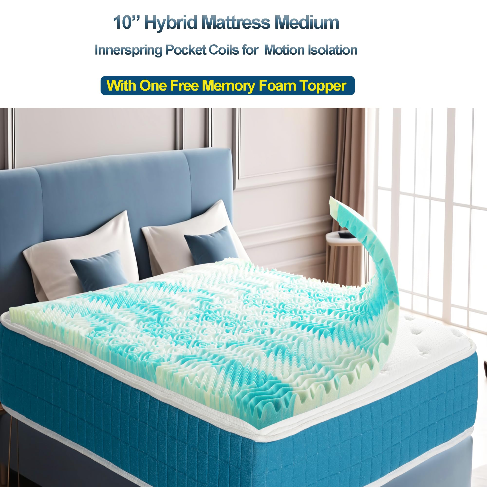 BreezeRest Twin XL Mattress 10 Inch Hybrid Mattress Bed in a Box,Medium Firm (with Free Memory Foam Topper) Cooling Gel Memory Foam Mattress with Individually Innerspring Pocket Coils Pressure Relief