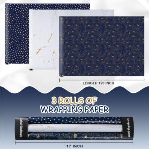 Yarcony Gift Wrapping Paper Roll - 17 Inch X 120 Inch Per Roll Luxury Navy Gold Flower, Polka Dot & White Gold Marble Gift Wrap Paper for Men Birthday, Father's Day, Christmas, Holiday, Graduation