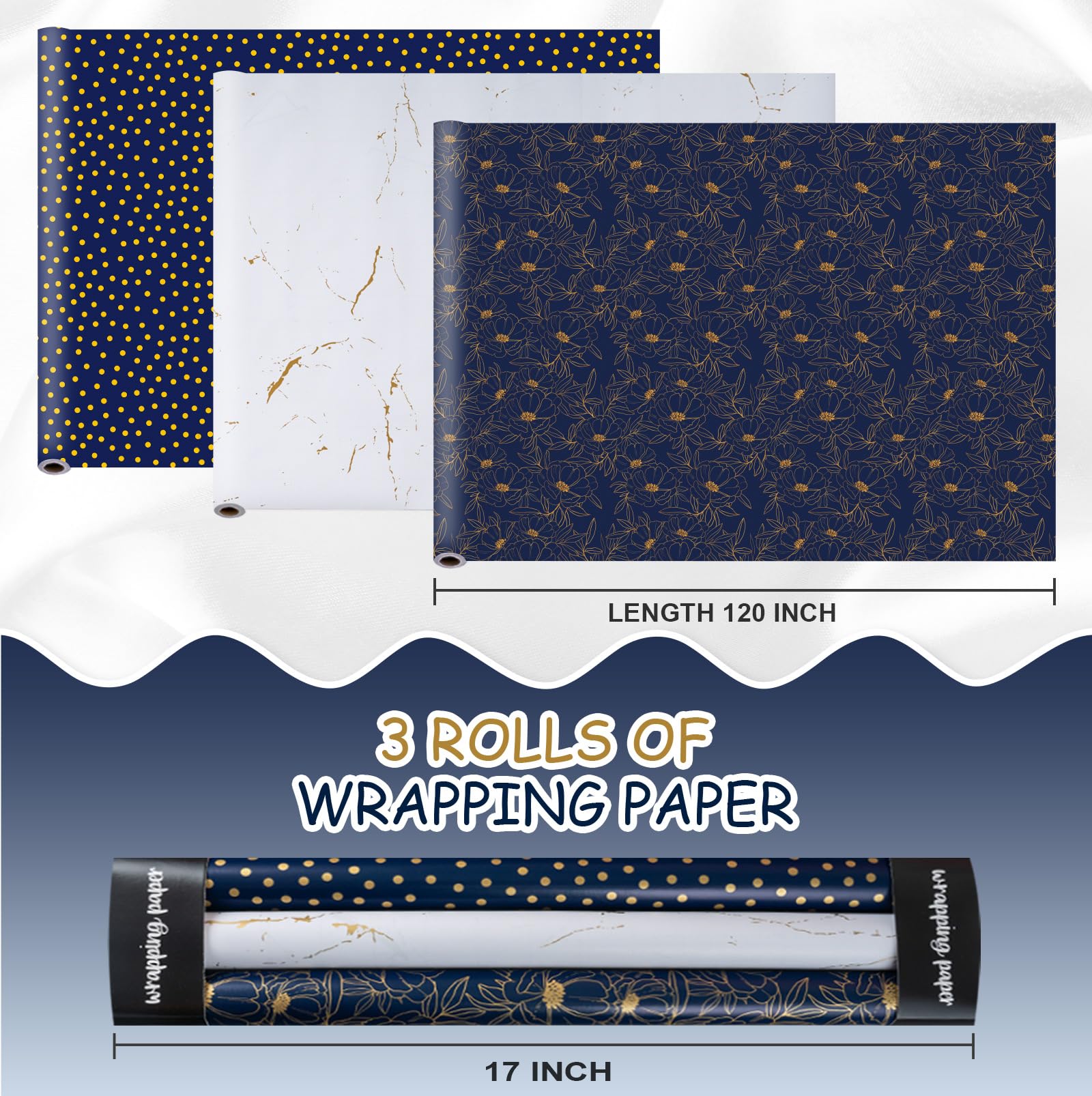 Yarcony Gift Wrapping Paper Roll - 17 Inch X 120 Inch Per Roll Luxury Navy Gold Flower, Polka Dot & White Gold Marble Gift Wrap Paper for Men Birthday, Father's Day, Christmas, Holiday, Graduation