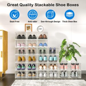 Mitees 10 Pack XX Large Thicken Sturdy Hard Plastic Clear Stackable Shoe Storage Boxes for Size 12, Sneaker Shoe Rack Containers Holders Bins Display Case Organizer for Closet, White Clear