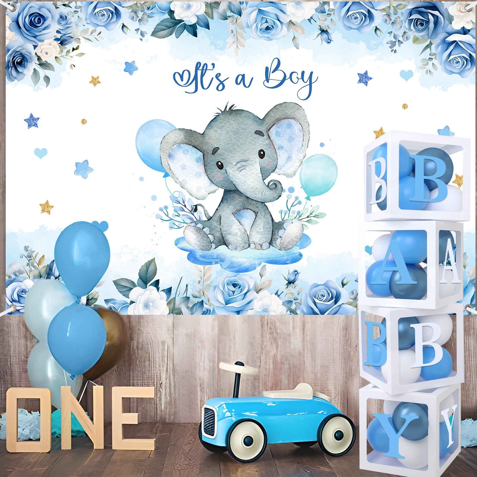 Boy Elephant Baby Shower Decorations Boxes - Baby Blue Balloon Garland Kit,Baby Shower Boxes,It's a Boy Backdrop Tablecloth for Elephant Theme Party Supplies,Baby Shower Wedding Birthday Party