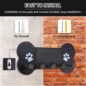 Nekon Dog Leash Holder for Wall - Wooden Key Holder Wall Mount for Entryway Organization - Pets Accessories Storage with Chalkboard and Dog Paw-Shaped Hooks (Black)