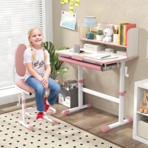 costzon kids desk and chair set, height adjustable children school study table and chair set w/tilt desktop, storage drawer hutch, student computer workstation, kids desk for girls bedroom (pink)