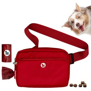 puppington 3-in-1 crossbody bag & dog treat pouch for pet training - matching poop bags & built-in poop bag dispenser - zippered pockets - dog walking bag for office to off-leash (ruby red)