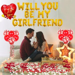 Will You Be My Girlfriend Balloons - 16'' Alphabet Letters Foil Mylar Balloon, 18" Heart Shaped Balloon with 500 Pcs Artificial Rose and 100 Pcs White Petals for Valentine Anniversary Decorations