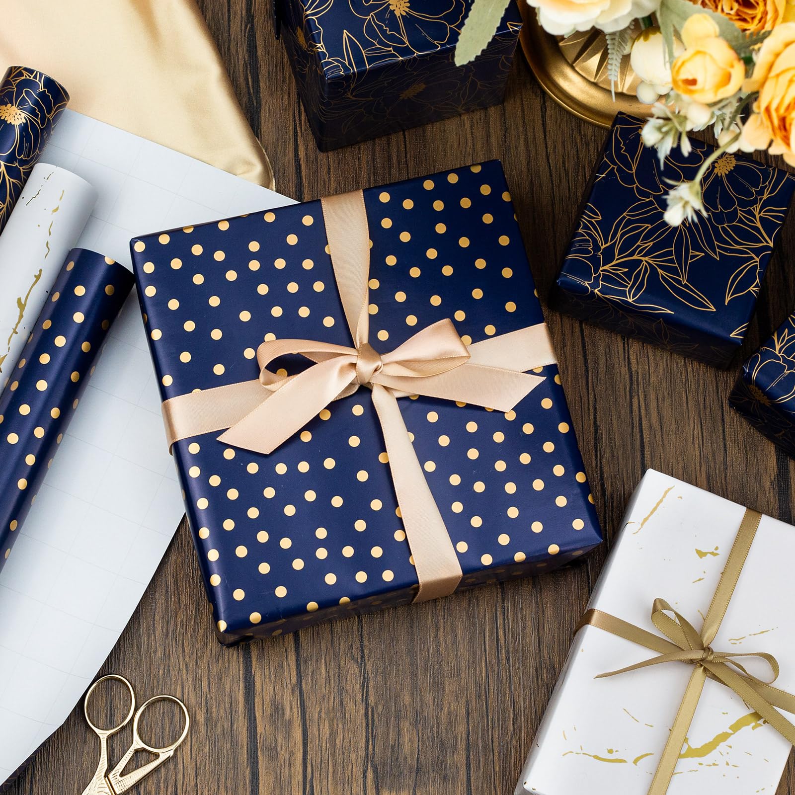 Yarcony Gift Wrapping Paper Roll - 17 Inch X 120 Inch Per Roll Luxury Navy Gold Flower, Polka Dot & White Gold Marble Gift Wrap Paper for Men Birthday, Father's Day, Christmas, Holiday, Graduation