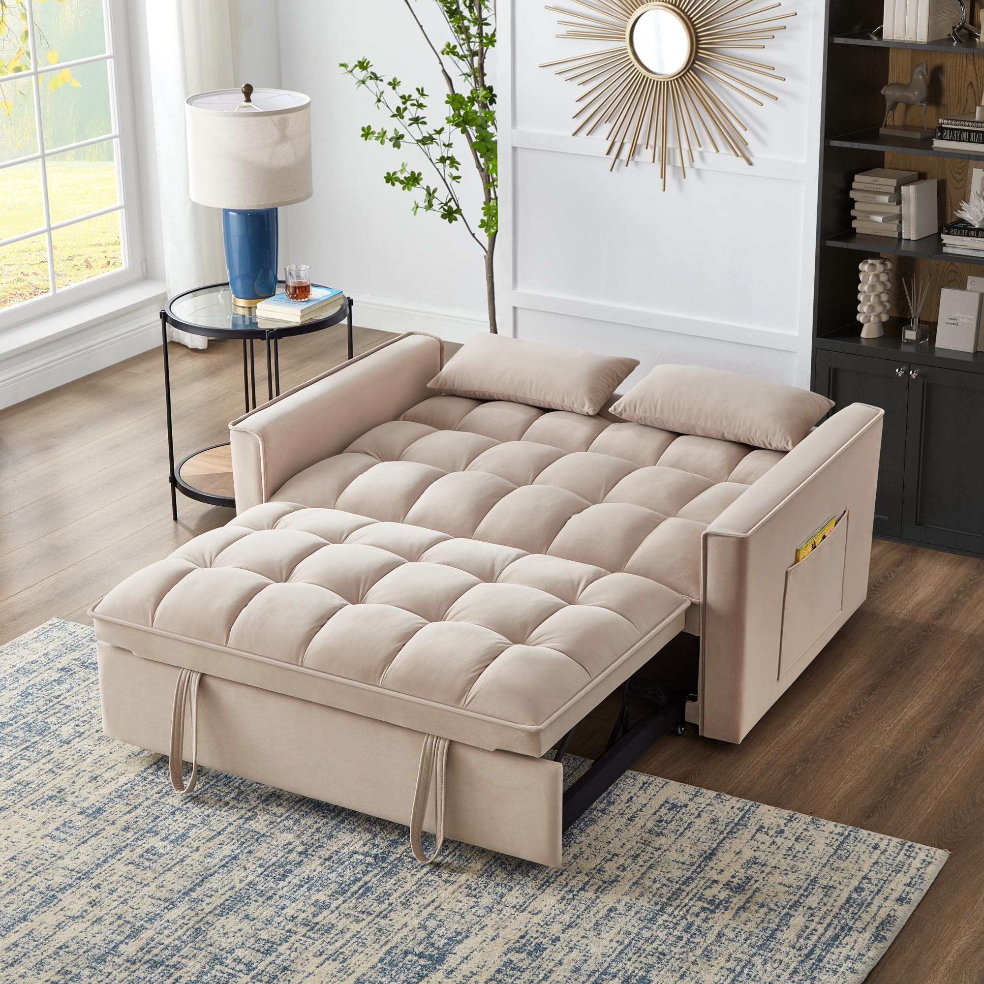 Velvet Sleeper Sofa Couch Bed, 4 in 1 Small Modern Convertible Loveseat Futon Sofa with Pullout Bed and Adjustable Backrest for Small Space Living Room Apartment Office Studio Lounge Reading Taupe