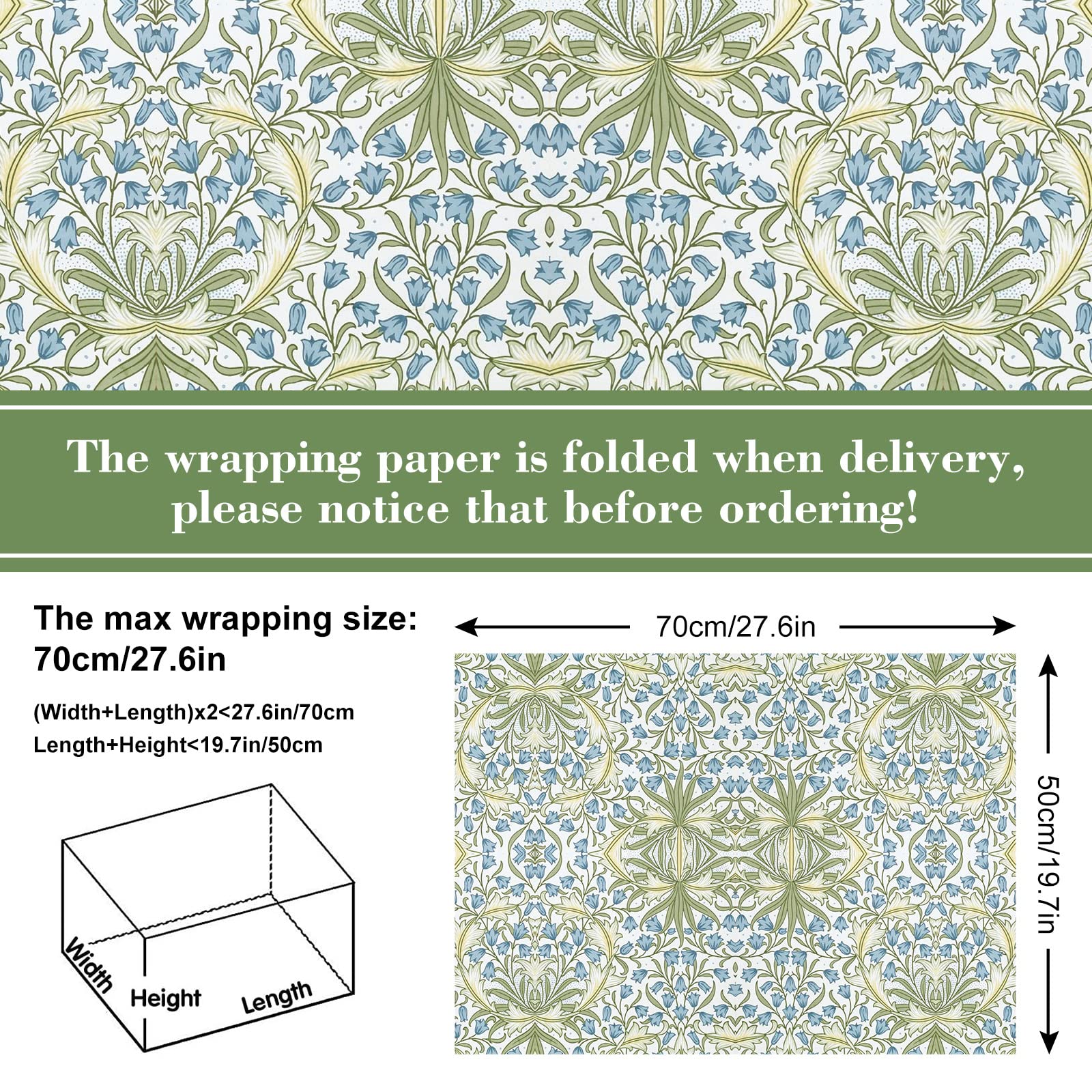 JarThenaAMCS 12 Sheets William Morris Floral Wrapping Paper -Not Roll- Greenery Gift Wrap Paper Folded Flat Art Paper for DIY Crafts Wedding Birthday Baby Shower, 19.7 x 27.6 Inch