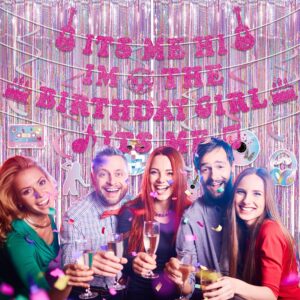 Glitter Popular Birthday Party Decorations Set - NO DIY - Its Me Hi Im The Birthday Girl Its Me Banner & Hanging Swirls & Foil Fringe Curtain for Pink Girls Fans Singer Birthday Party