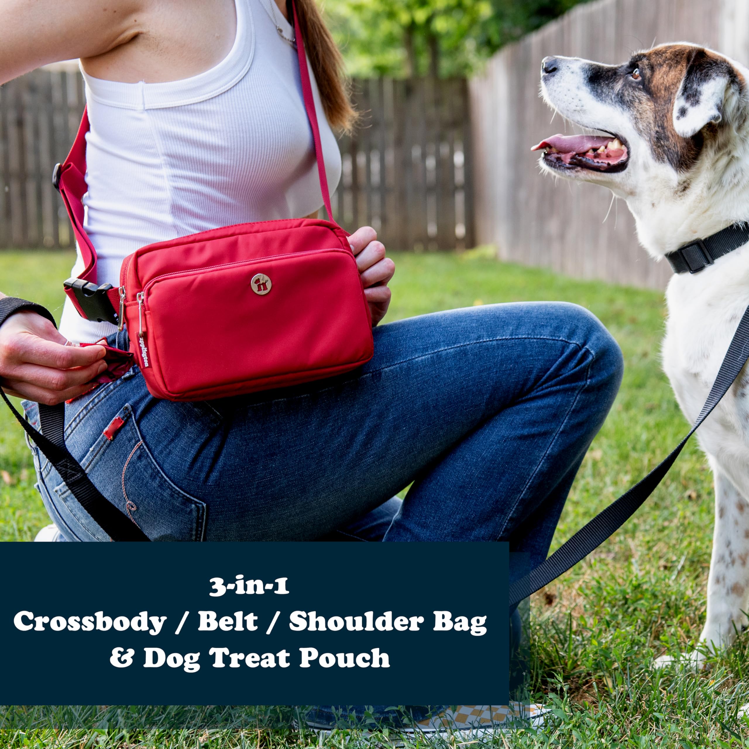 Puppington 3-in-1 Crossbody Bag & Dog Treat Pouch for Pet Training - Matching Poop Bags & Built-In Poop Bag Dispenser - Zippered Pockets - Dog Walking Bag for Office to Off-Leash (Ruby Red)