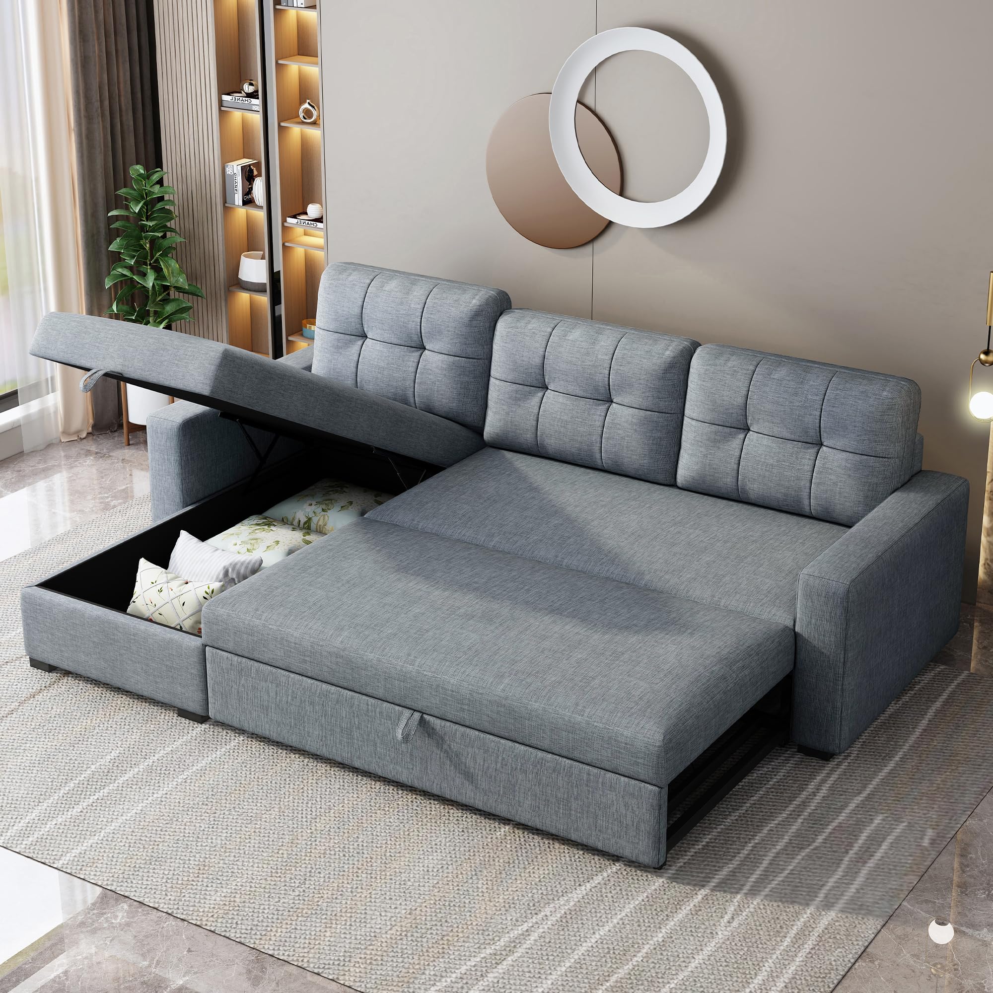 ACQCA 81.5" Sectional Sleeper Sofa with Chaise Storage and Pull-Out Bed,Living Room Convertible Couch with Tufted Linen Backrest,Reversible 3-Seater for Apartment,Office,Light Grey