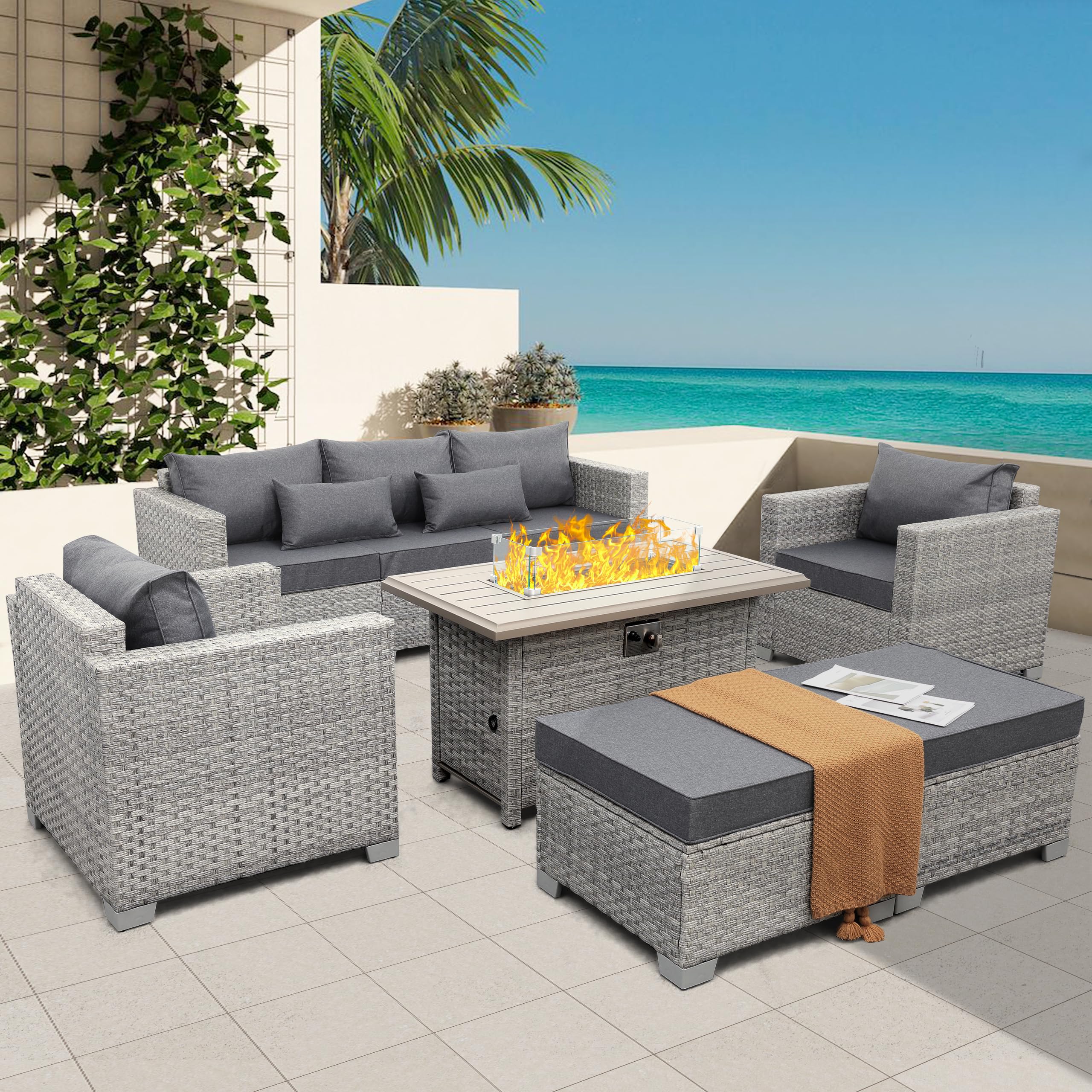 WAROOM Patio Furniture Set 6 Piece Grey Wicker Outdoor Furniture Patio Sectional Sofa Couch PE Rattan Conversation Sets with Fire Pit Table, Grey Cushion