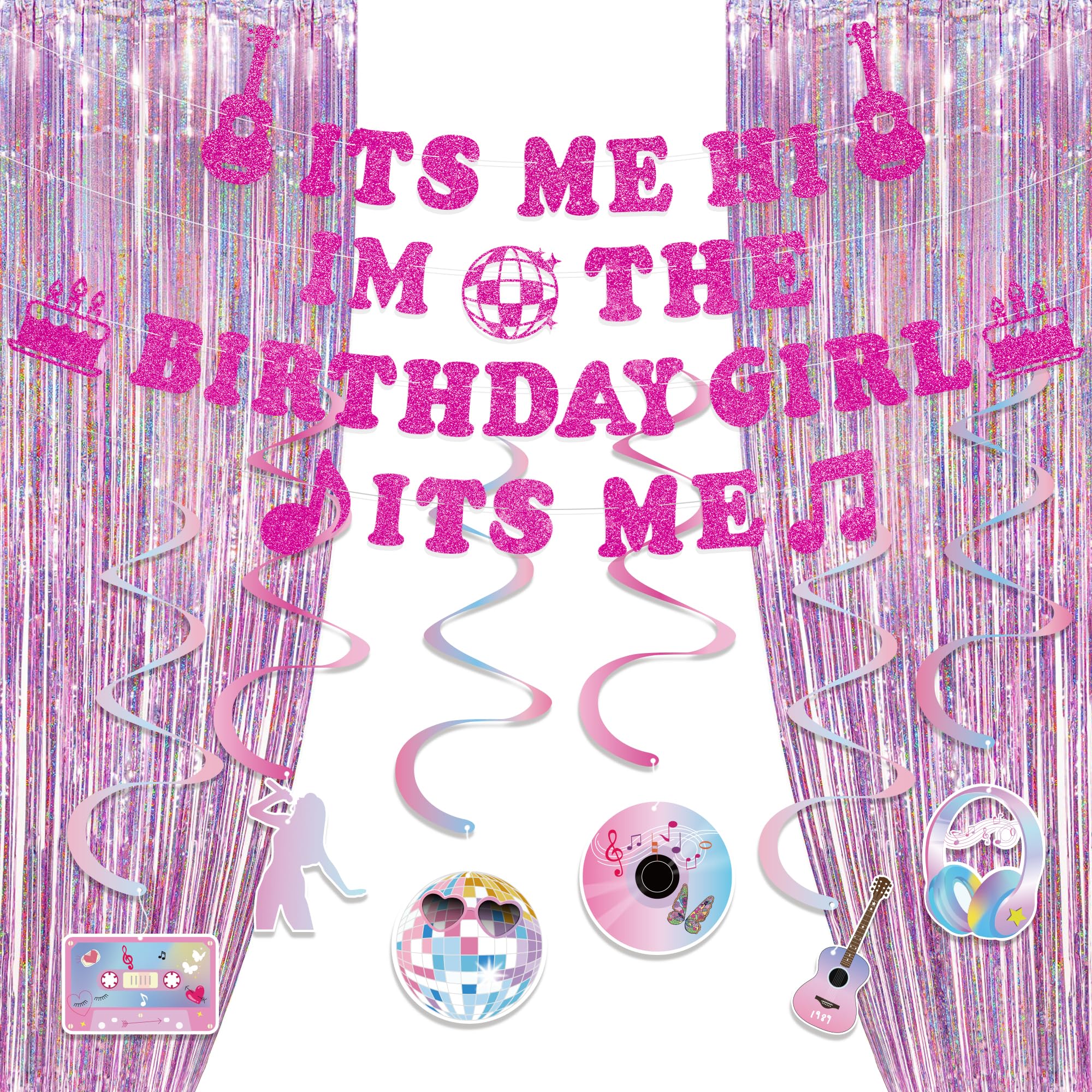 Glitter Popular Birthday Party Decorations Set - NO DIY - Its Me Hi Im The Birthday Girl Its Me Banner & Hanging Swirls & Foil Fringe Curtain for Pink Girls Fans Singer Birthday Party