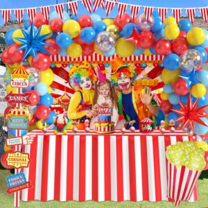 Carnival Party Decorations Circus Theme Birthday Party Supplies Including Red Blue Yellow Balloon Garland Arch Kit Table Skirt Circus Directional Sign Triangle Bunting for Birthday Party