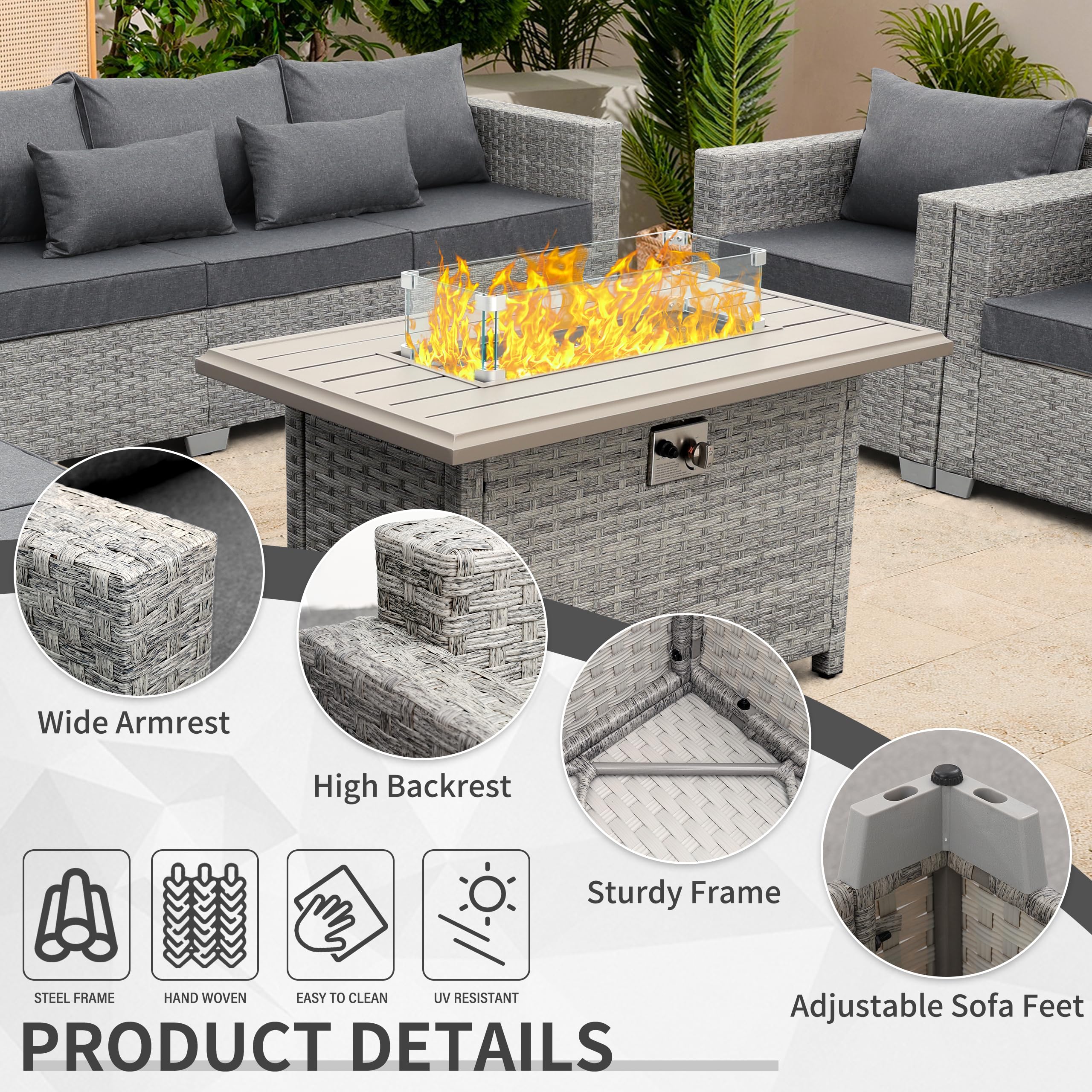 WAROOM Patio Furniture Set 6 Piece Grey Wicker Outdoor Furniture Patio Sectional Sofa Couch PE Rattan Conversation Sets with Fire Pit Table, Grey Cushion