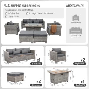 WAROOM Patio Furniture Set 6 Piece Grey Wicker Outdoor Furniture Patio Sectional Sofa Couch PE Rattan Conversation Sets with Fire Pit Table, Grey Cushion