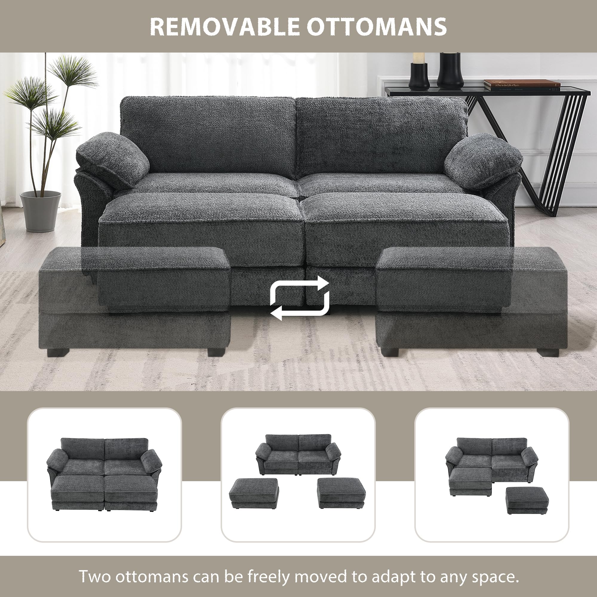 Tmsan 81" Large Loveseat Sofa with Ottomans, Modular Cloud Loveseat Sleeper Couch with Double Chaise, Chenille Upholstered Deep Seat Love Seat for Living Room Apartment Office (Grey)