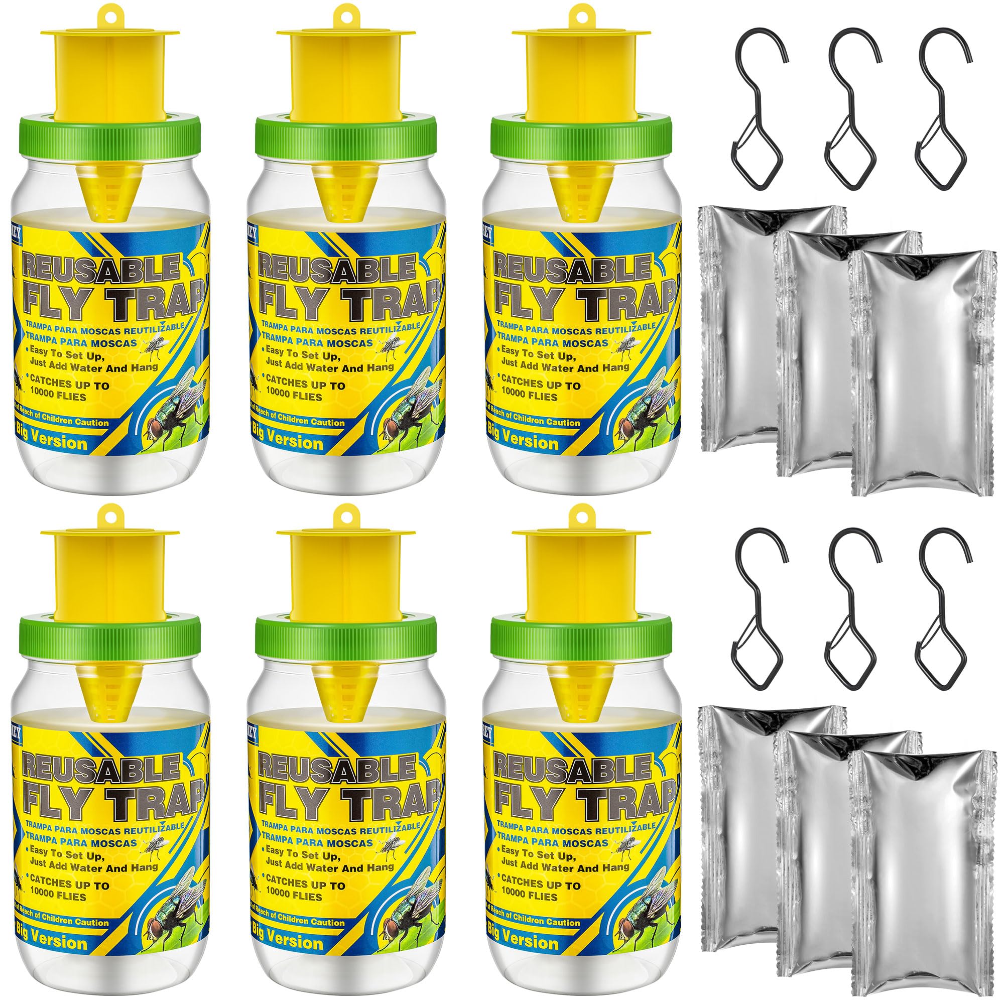 Qualirey 6 Pack Outdoor Hanging Fly Trap Bottles, Reusable Fly Killer Trap Catcher with Bait Refill for Outside Farms, Pastures, Chicken Coops, Stables, Barns, Garbage Cans, Yard, Backyard, Patio