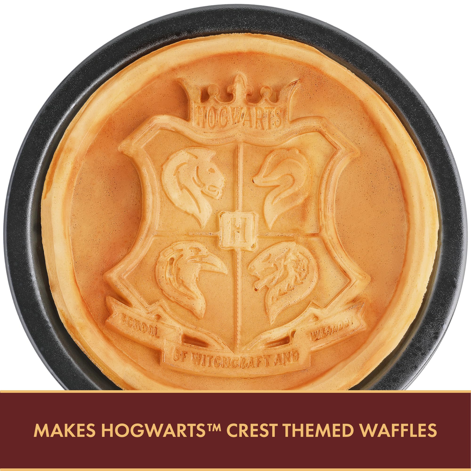 Warner Brothers Harry Potter Round Waffle Maker by Select Brands - Ceramic Coated Cooking Plates - Imprints Hogwarts Crest on Waffles, Black and Gold, WBH-250WM