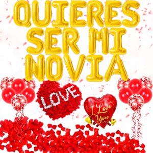 quieres ser mi novia balloons - 16" inch alphabet letters foil mylar balloon, quieres ser mi novia balloons spanish with 500 pcs artificial rose for valentines anniversary day banner decorations