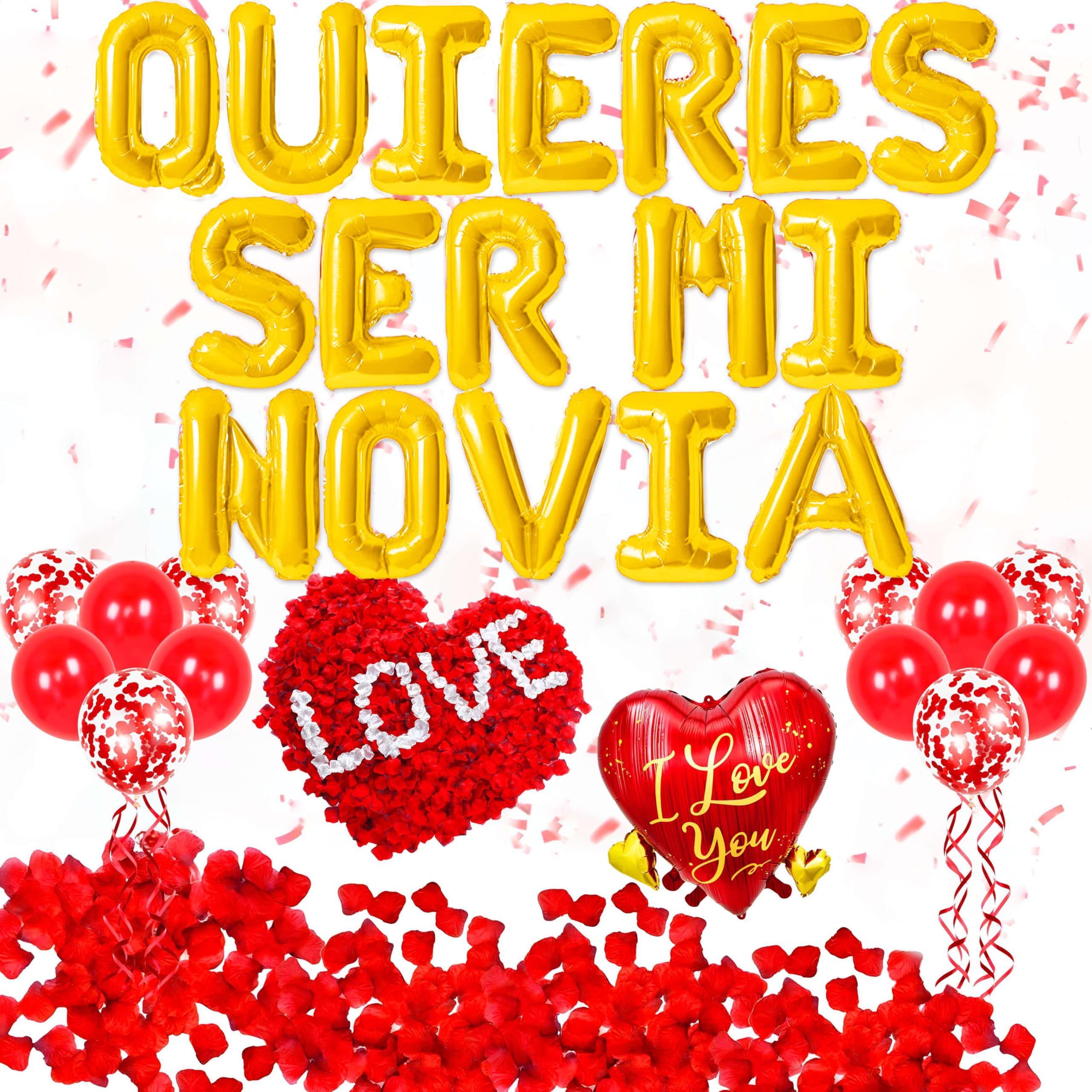 QUIERES SER MI NOVIA BALLOONS - 16" Inch Alphabet Letters Foil Mylar Balloon, Quieres Ser Mi Novia Balloons Spanish with 500 Pcs Artificial Rose for Valentines Anniversary Day Banner Decorations