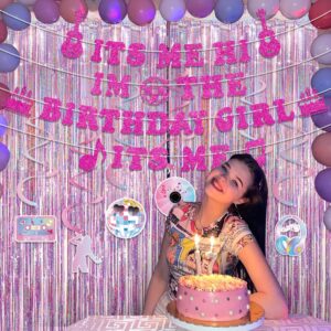 Glitter Popular Birthday Party Decorations Set - NO DIY - Its Me Hi Im The Birthday Girl Its Me Banner & Hanging Swirls & Foil Fringe Curtain for Pink Girls Fans Singer Birthday Party