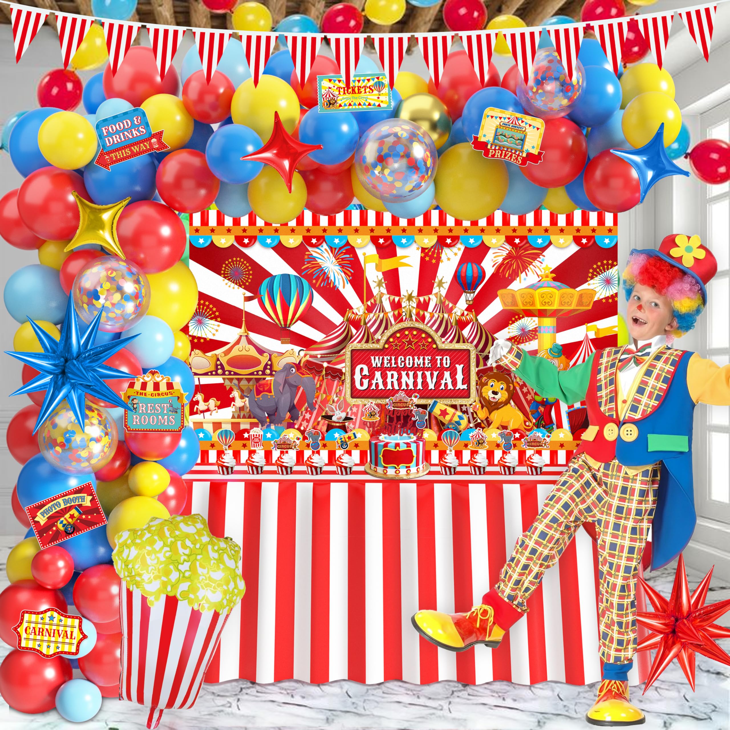 Carnival Party Decorations Circus Theme Birthday Party Supplies Including Red Blue Yellow Balloon Garland Arch Kit Table Skirt Circus Directional Sign Triangle Bunting for Birthday Party