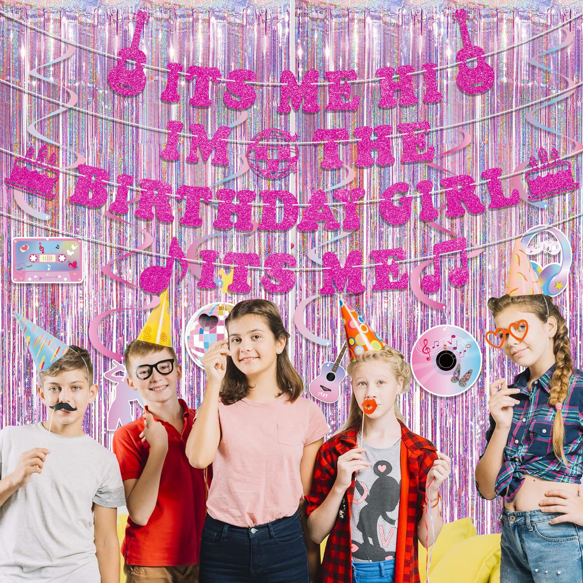 Glitter Popular Birthday Party Decorations Set - NO DIY - Its Me Hi Im The Birthday Girl Its Me Banner & Hanging Swirls & Foil Fringe Curtain for Pink Girls Fans Singer Birthday Party