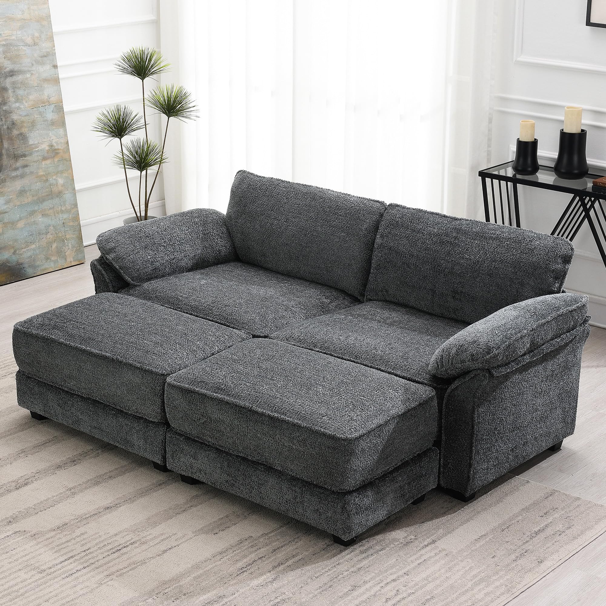 Tmsan 81" Large Loveseat Sofa with Ottomans, Modular Cloud Loveseat Sleeper Couch with Double Chaise, Chenille Upholstered Deep Seat Love Seat for Living Room Apartment Office (Grey)