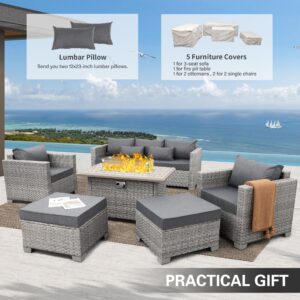 WAROOM Patio Furniture Set 6 Piece Grey Wicker Outdoor Furniture Patio Sectional Sofa Couch PE Rattan Conversation Sets with Fire Pit Table, Grey Cushion