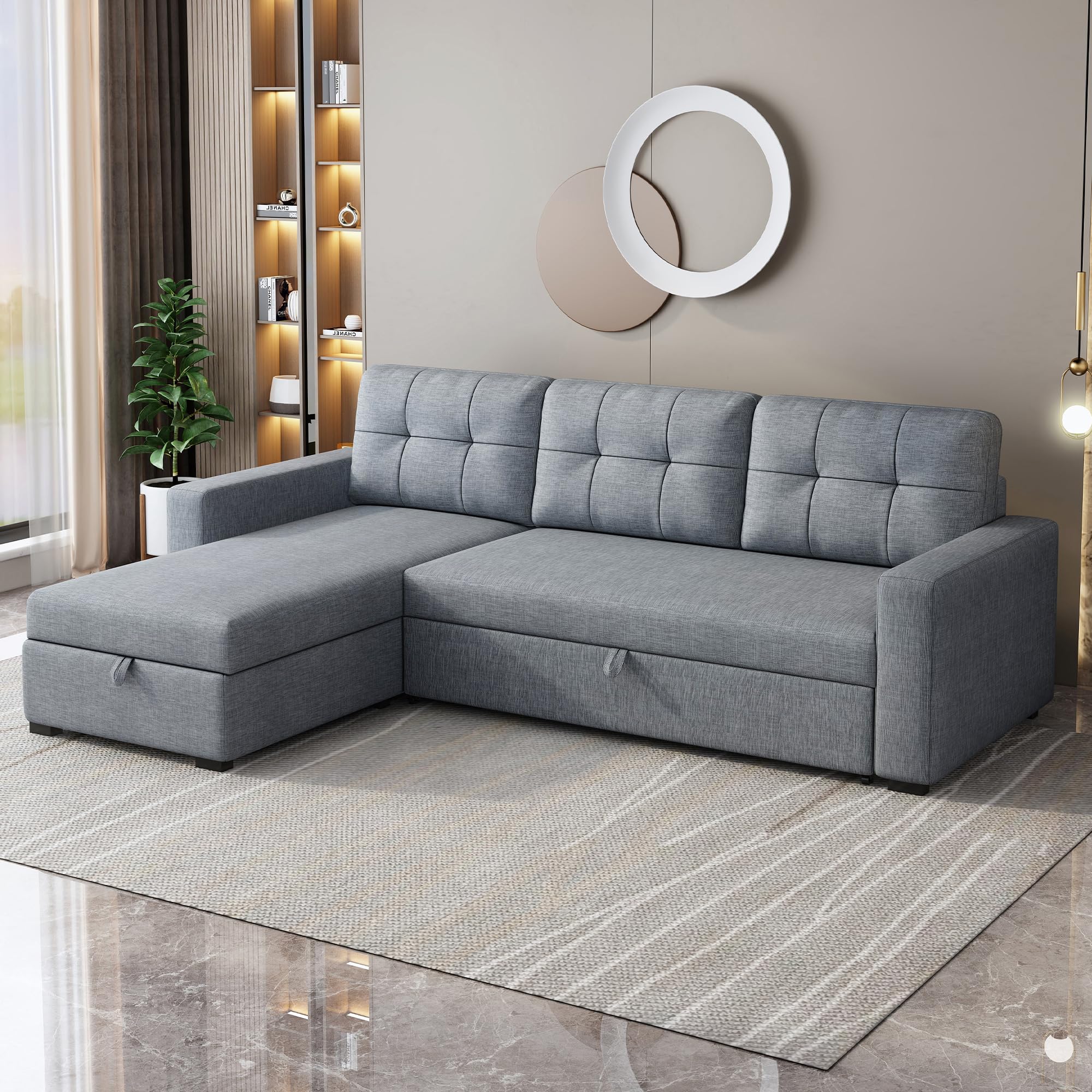 ACQCA 81.5" Sectional Sleeper Sofa with Chaise Storage and Pull-Out Bed,Living Room Convertible Couch with Tufted Linen Backrest,Reversible 3-Seater for Apartment,Office,Light Grey