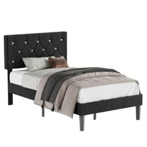 VECELO Twin Size Bed Frame, Upholstered Platform with Adjustable Diamond Tufted Headboard, Wood Slat Support, No Box Spring Needed, Velvet Black