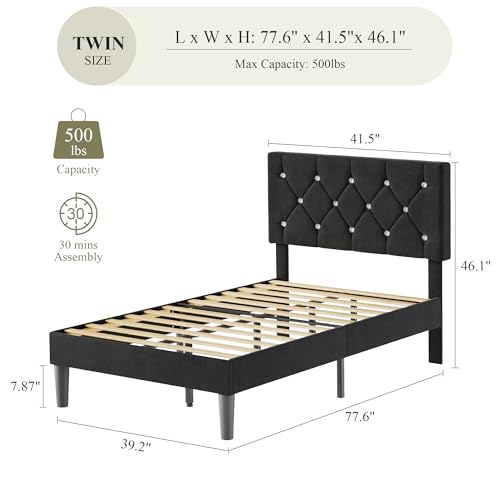 VECELO Twin Size Bed Frame, Upholstered Platform with Adjustable Diamond Tufted Headboard, Wood Slat Support, No Box Spring Needed, Velvet Black