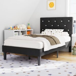 VECELO Twin Size Bed Frame, Upholstered Platform with Adjustable Diamond Tufted Headboard, Wood Slat Support, No Box Spring Needed, Velvet Black