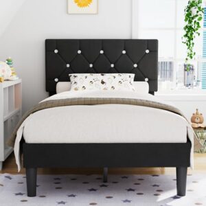 vecelo twin size bed frame, upholstered platform with adjustable diamond tufted headboard, wood slat support, no box spring needed, velvet black