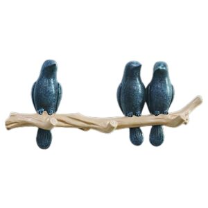 jiulijiu handmade rustic bird decorative wall hooks - entryway key hanger, no-drill installation, country style coat and hat hooks (dark blue, 3 birds with 3 hooks)