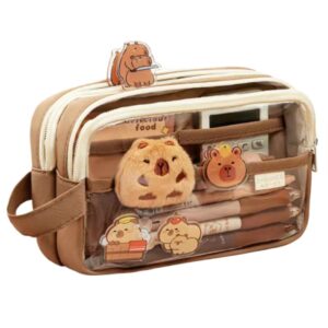 napimico clear pencil case with cute capybara plush and pins aesthetic pencil pouch cute office stationary makeup bag cute stationery (brown)