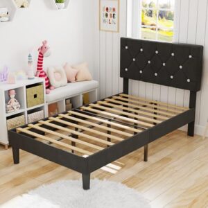 VECELO Twin Size Bed Frame, Upholstered Platform with Adjustable Diamond Tufted Headboard, Wood Slat Support, No Box Spring Needed, Velvet Black