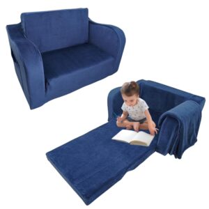 Wonder Space Kids Foam Couch with Blanket, Pre-Assembled Toddlers 2-in-1 Convertible Sofa, Indoor Foadable Lounger Chair & Flip Open Floor Bed for Boys & Girls (Navy Blue)