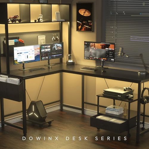 Dowinx L Shaped Desk with Pegboard and Removable Filing Cabinet, Reversible 67” Computer Gaming Desk with Power Outlet and Led, Office Corner Desk with Storage for Home Game, Black