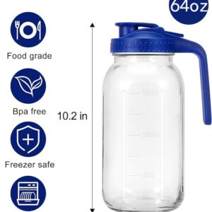 3 Pack 64 oz Wide Mouth Mason Jar Pitchers with Airtight Lids – Leak-Proof Glass Sun Tea Pitchers with Handle for Juices, Milk, Drinks, and Iced Coffee