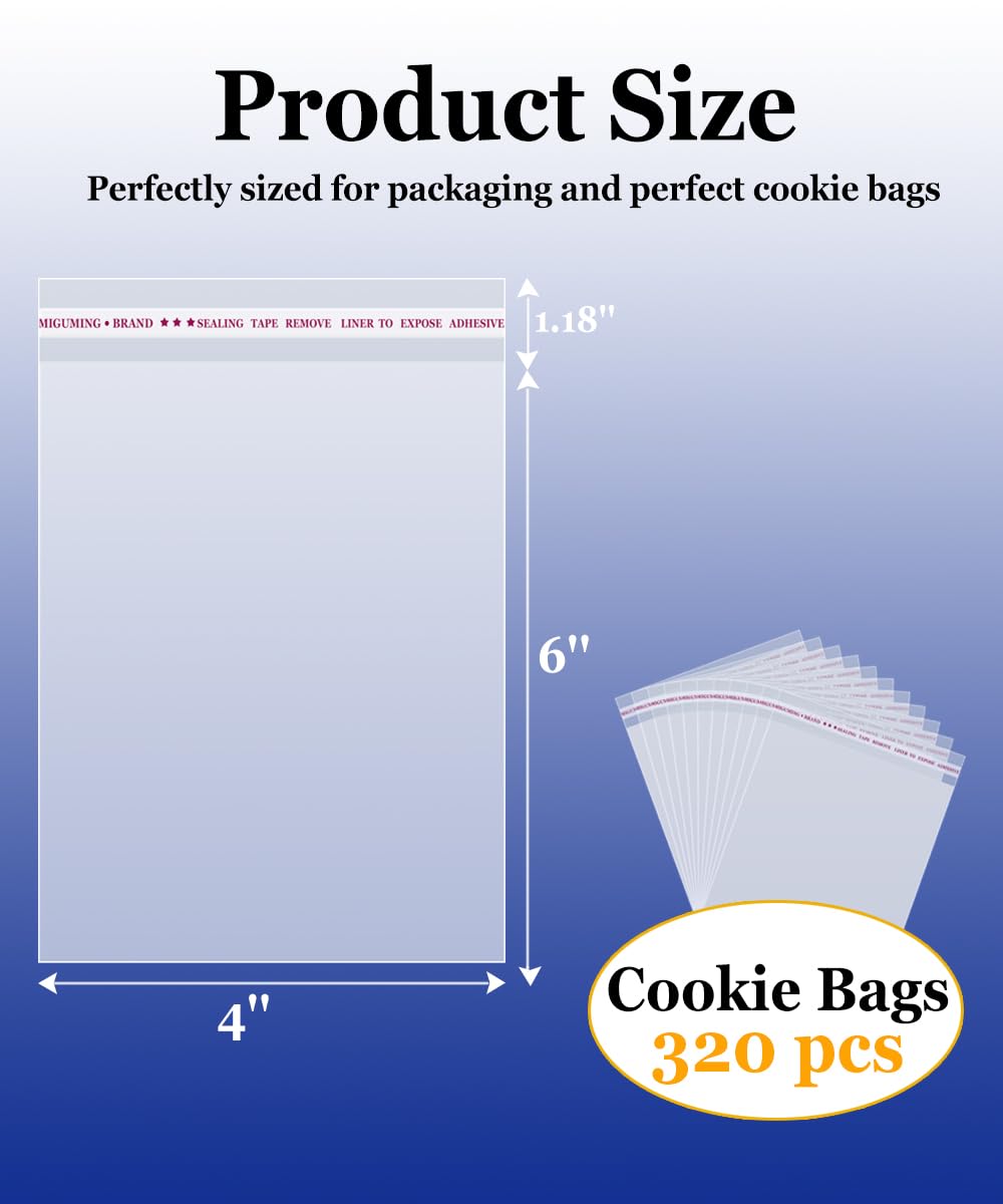 Cookie Bags 4x6 Inch,320 Pcs Clear Cellophane Bags for Packaging Cookies & Treats - Self-Sealing,Plastic Wrappers for Bakery Packaging and Gifts