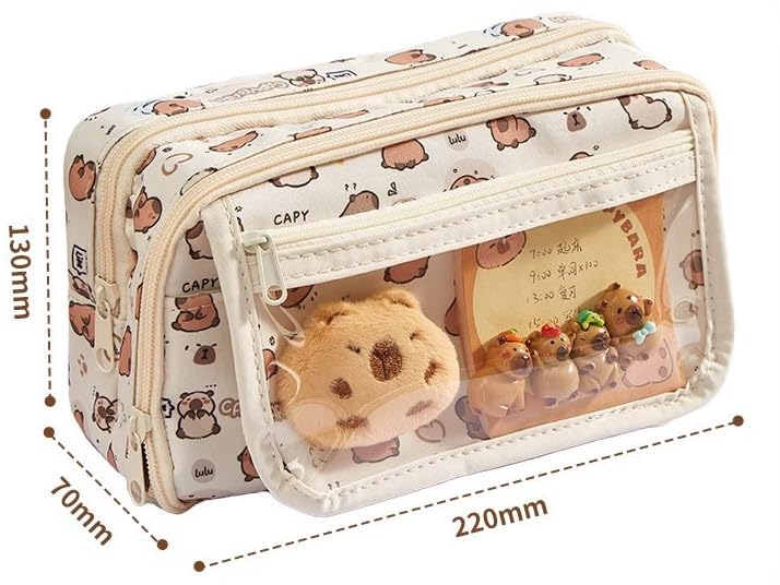 NAPIMICO Flip Top Pencil Case Cute Pencil Pouch with Kawaii Capybara Decors Makeup Bag Aesthetic Pen Holder Office Stationery (Brown)