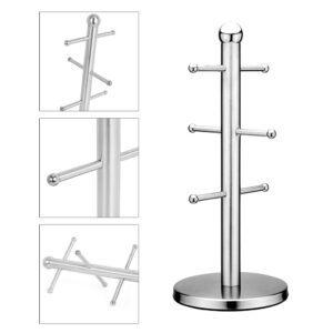 6 Cup Mug Tree Holder Tabletop Coffee Tea Kitchen Storage Rack Silver With Non-Sip Base Drinkware Shelf For Home Kitchen Mug Rack Tree Stainless Steel Countertop Stand Cabinet Holder Shelf Coffee Cup