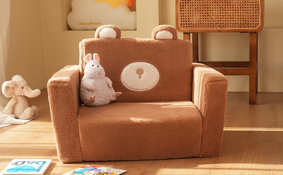 LonSEA Furniture, Teddy Bear, Baby Chair for Toddler, Toddler Bed, Convertible Sofa to Lounger - Comfy 2-in-1 Flip Open Couch/Sleeper for Kids, Toddler Cot, Light Brown