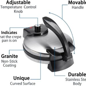 Electric Roti Maker Electric Tortilla Maker 10 Inch Electric Automatic Chapati Maker Stainless Steel Non-Stick Electric Tortilla Press with Removable Handle Can Make Chapati, Tortilla, Roti